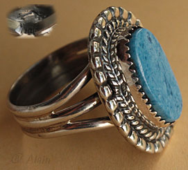 Kay Johnson, american artist, made this South Western ring from sterling and blue denim Lapis stone