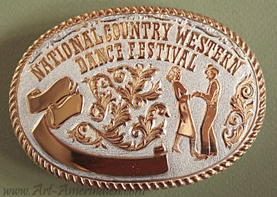 Boucle de ceinture Américaine Crumrine USA en bronze et argent représentant une scène de danse country (National Country Western Dance Festival)