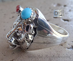 Navajo Indian Native American bear head symbol heavy mens ring with turquoise and coral