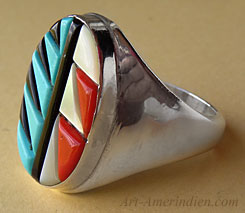 Zuni Indian native american mens ring made out of sterling silver, turquoise, coral, jet, m.o.p.