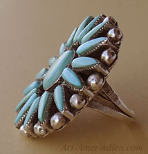 Navajo Indian Native American cluster ring, sterling silver and 17 petit points turquoises