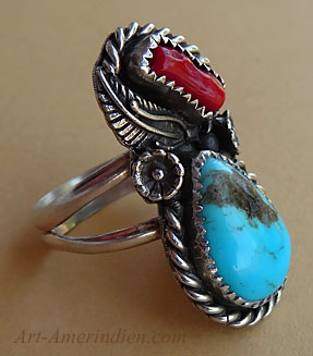 Navajo Indian sterling silver, turquoise and coral ring with sterling silver rope, cactus flower, feather
