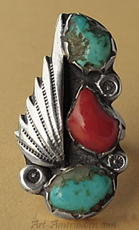 Bague ethnique amérindienne Navajo 2 Turquoises, 1 corail, bijou amérindien en argent