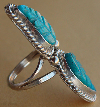 Zuni indian native ring with 2 engraved turquoises, silver rope and drops