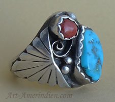 Navajo Indian Native American ethnic or tribal men's ring made out of sterling silver, turquoise, corail