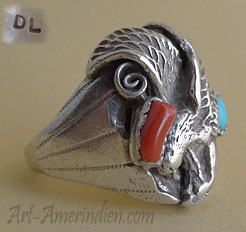 Indian Native American mens sterling silver ring with landing Eagle symbol, turquoise and coral