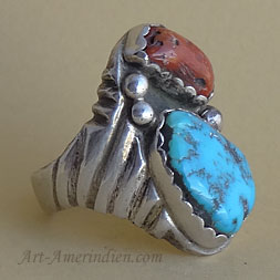 Navajo tribal men's ring with turquoise and coral, sterling siver tested