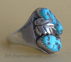 Indian native american sterling silver mens ring with 2 turquoises and silver eagle feather
