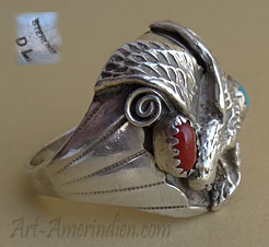 Navajo sterling silver men's ring, eagle, coral, turquoise