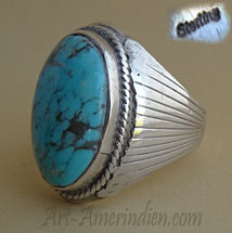 Navajo Indian native american sterling silver mens ring, oval turquoise with cord and shell ethnic symbols