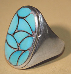 Zuni Native indian tribal sterling silver ring with snake skin turquoise mosaïc inlay