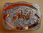 Boucle de ceinture américaine en argent et bronze, décor South Western scène de ropping