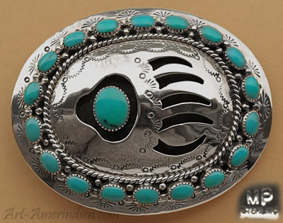 Boucle de ceinture américaine Navajo en argent, patte d'Ours entourée de turquoises