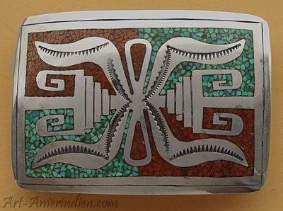 Boucle de ceinture américaine Navajo, bijou amérindien en argent incrusté de symboles indiens en turquoise et corail