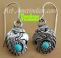 Boucles d'oreilles amérindiennes Navajo tête d'aigle en argent et turquoise sertie, bijou amérindien signé B.J.