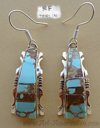 Boucles d'oreilles Navajo en argent ornées d'une mosaïque de turquoise spiderweb, bijou Amérindien signé Steve Francisco
