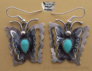 Boucles d'oreilles Navajo, papillon en argent orné d'une turquoise