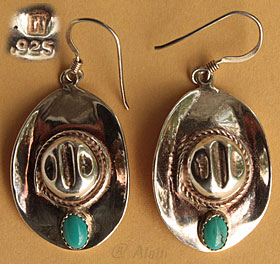 Boucles d'oreilles South Western Country, chapeau en argent avec turquoise, symbole amérindien corde.