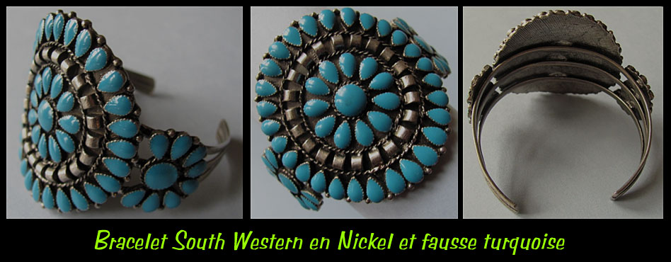 Bracelet Western de type Navajo en nickel silver et fausses turquoises