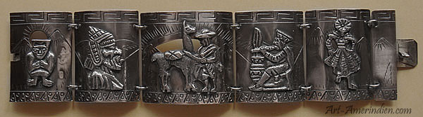 Bracelet péruvien en argent massif, avec  symboles Incas et Lamas du Pérou
