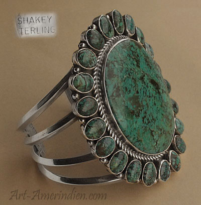 Navajo Indian Native American sterling silver and turquoises large bracelet with 22 green turquoises, hallmarked Robert Shakey