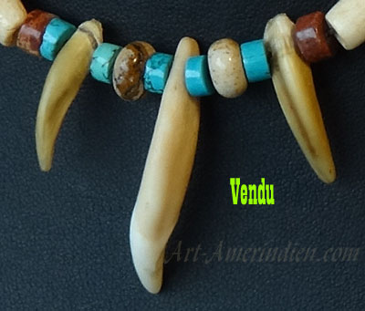 Indian choker necklace, bone beads, turquoise beads, coyote tooth and turtle claws