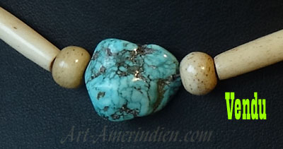 Indian Choker Necklace, 1 row bone and horn beads, gorgeous Kingman Mine turquoise gemm