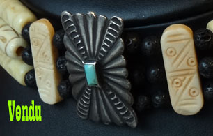 Indian choker necklace, 3 rows bone beads, lava beads, Navajo sterling silver center medalion