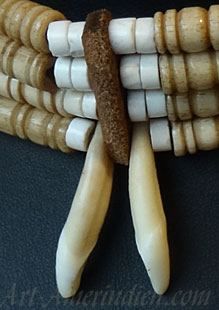 Indian choker necklace 4 rows of bone beads, stone beads, leather spacers, and 2 Coyote teeth