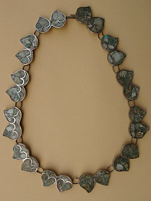 Aztec mexican necklace sterling silver and chrisocolla green stone inlayed