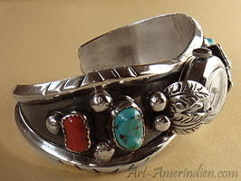 Native american Navajo cuff bracelet watch, sterling silver, coral, turquoise, genuine Indian Jewelry signed ML + bear foot