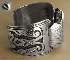 Navajo Indian native American sterling silver overlay watch cuff bracelet, hallmarked with deer paw